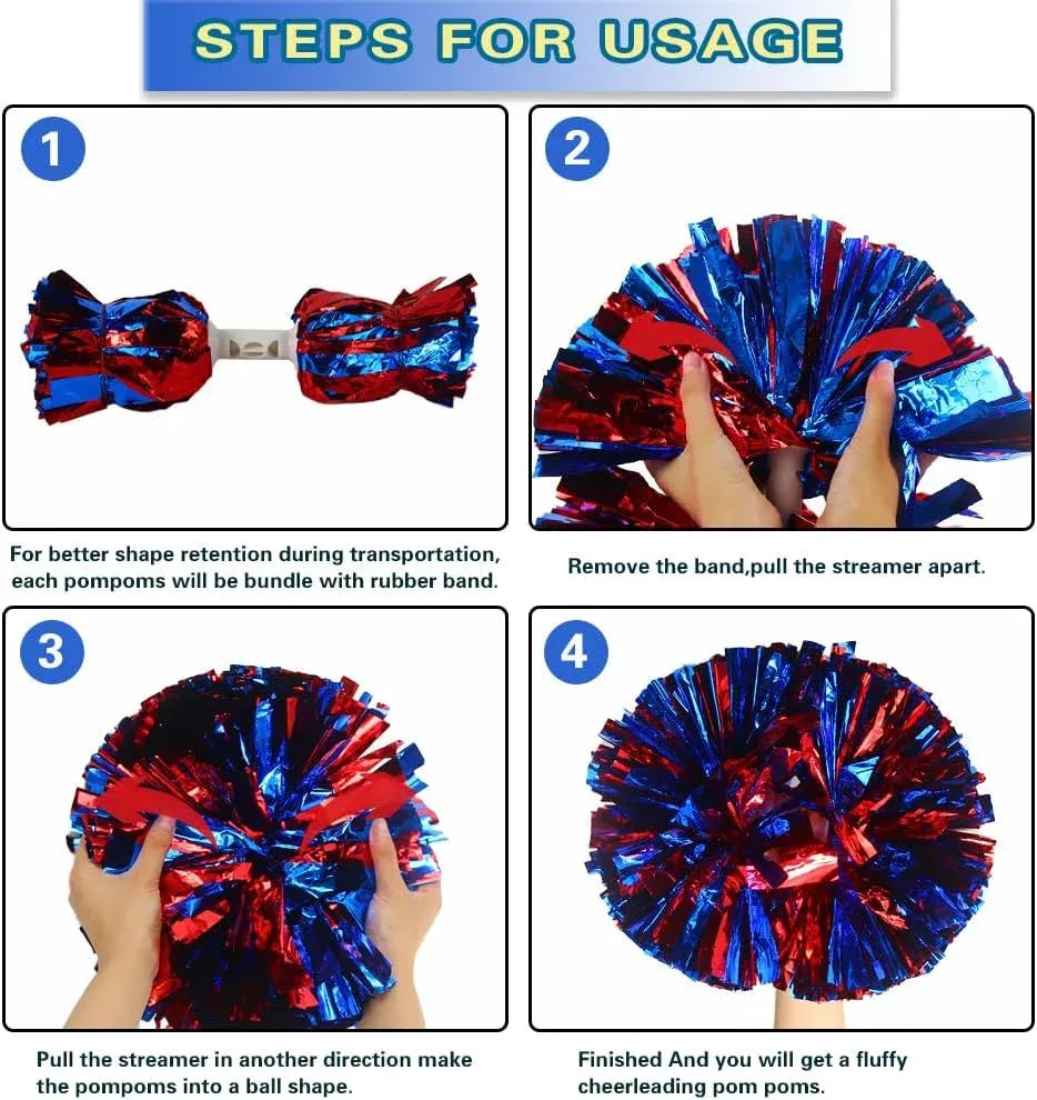 6 Pcs Metallic Cheerleading Pom Poms with Baton Handles for Sports Team Parties, Blue Red