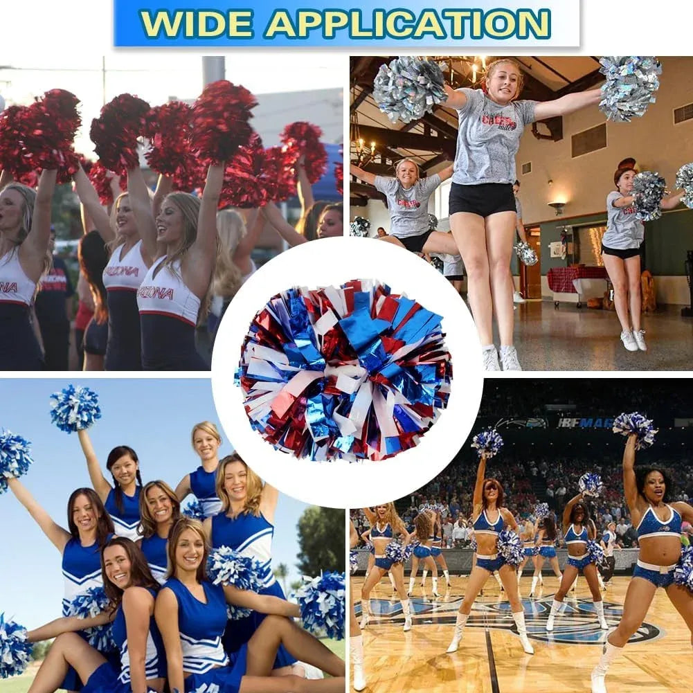 6 Pcs Metallic Cheerleading Pom Poms with Baton Handles for Sports Team Parties, Blue Red White