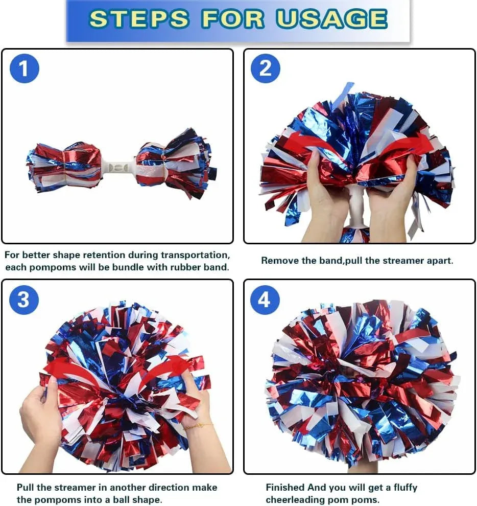 6 Pcs Metallic Cheerleading Pom Poms with Baton Handles for Sports Team Parties, Blue Red White
