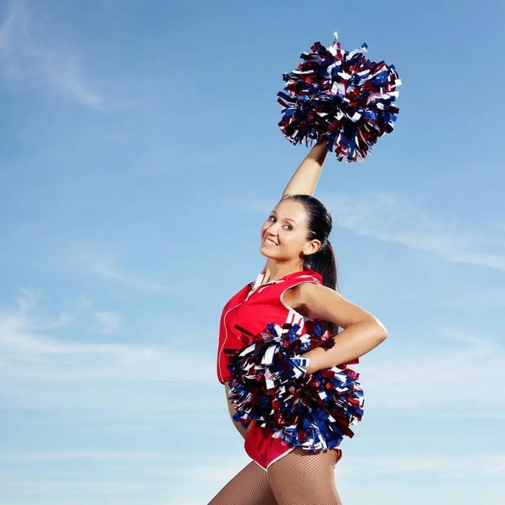 6 Pcs Metallic Cheerleading Pom Poms with Baton Handles for Sports Team Parties, Blue Red White