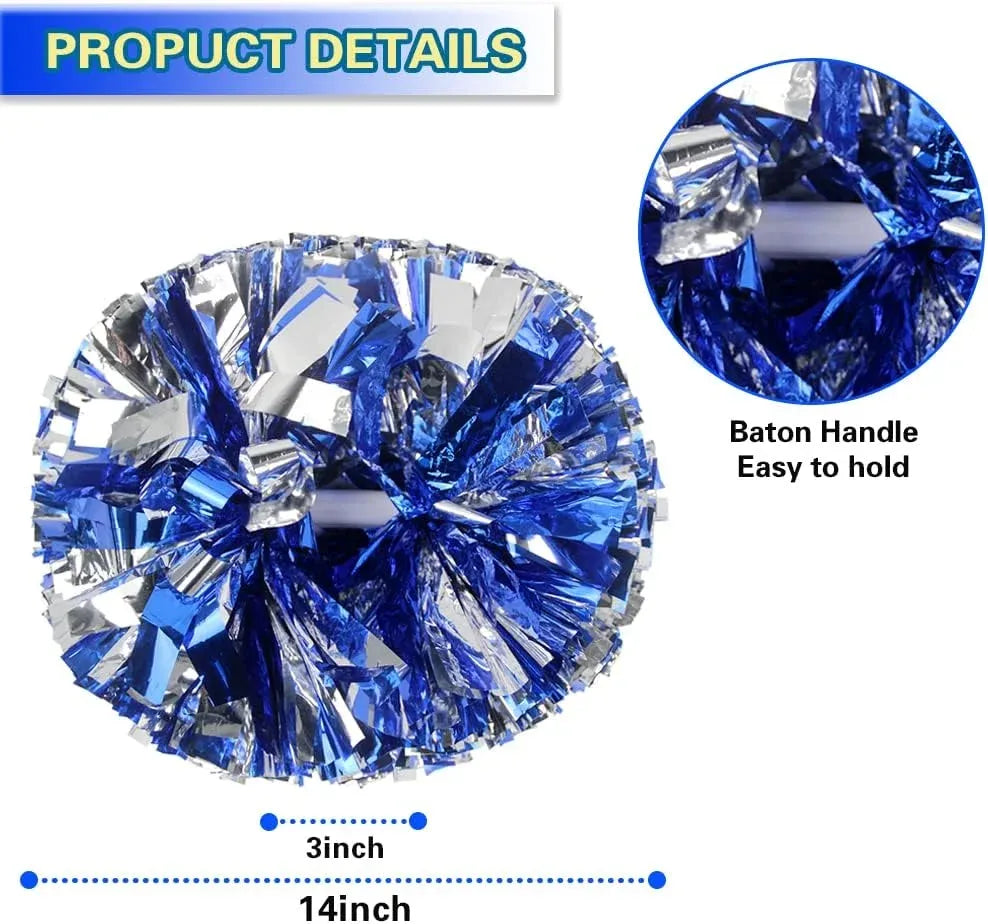 6 Pcs Metallic Cheerleading Pom Poms with Baton Handles for Sports Team Parties, Blue Silver