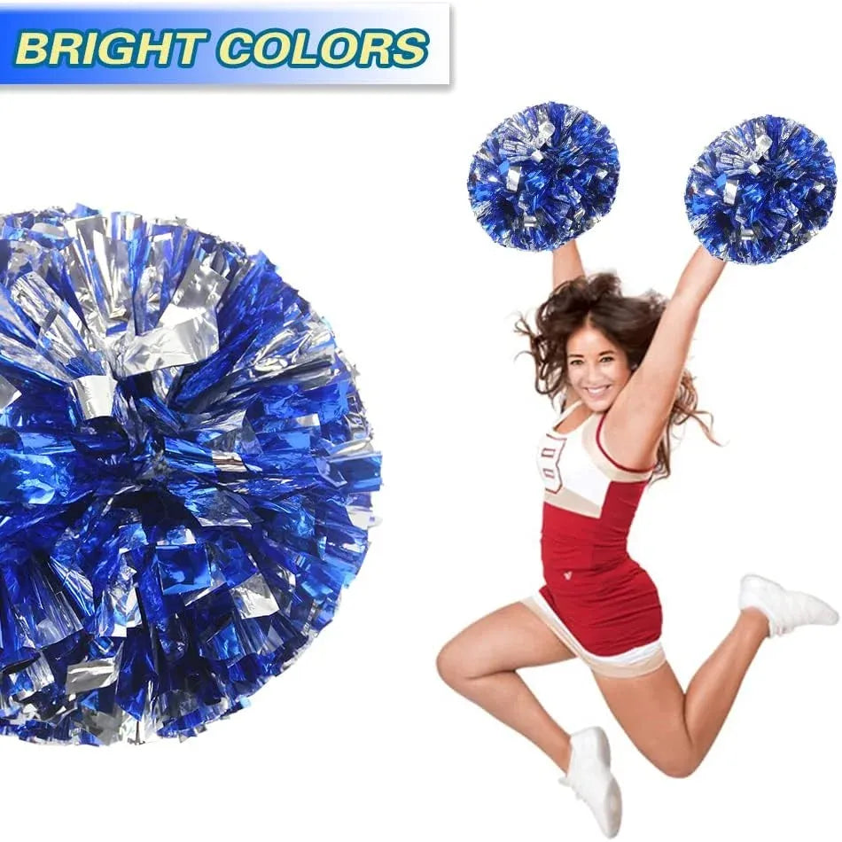 6 Pcs Metallic Cheerleading Pom Poms with Baton Handles for Sports Team Parties, Blue Silver