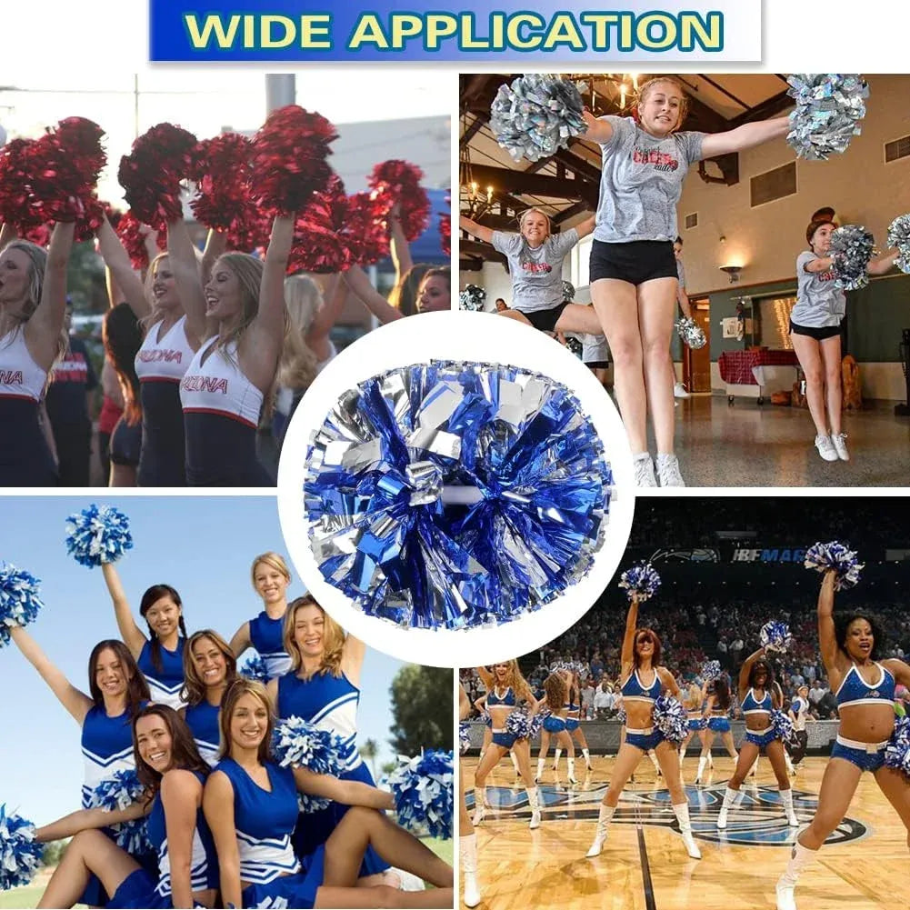 6 Pcs Metallic Cheerleading Pom Poms with Baton Handles for Sports Team Parties, Blue Silver