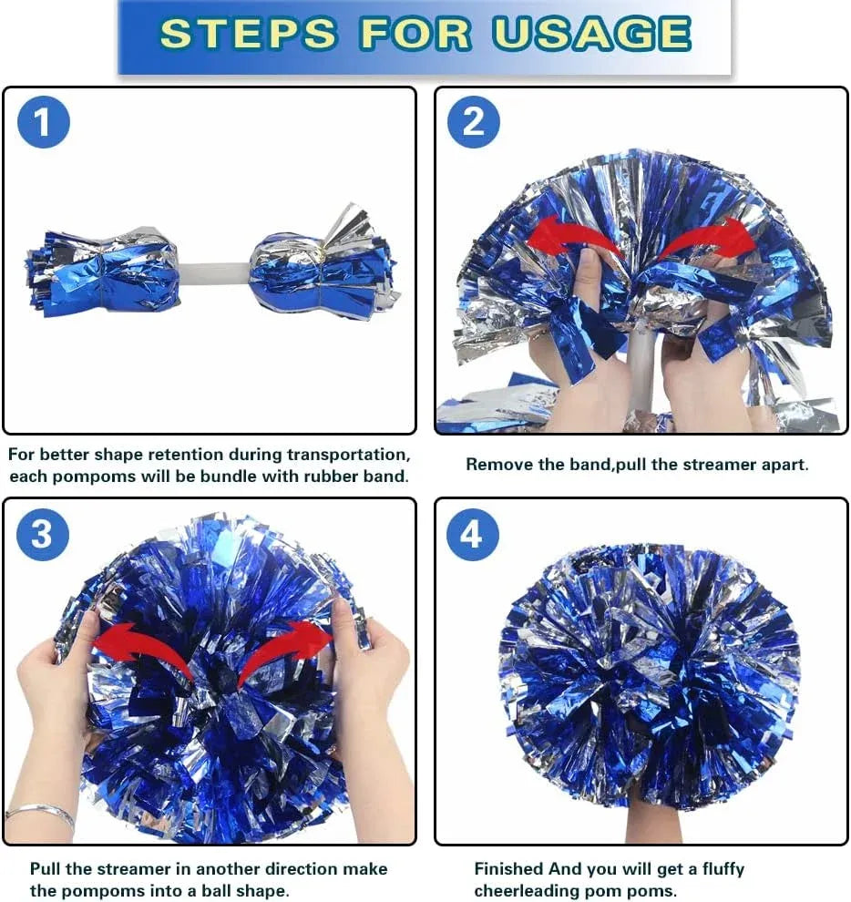 6 Pcs Metallic Cheerleading Pom Poms with Baton Handles for Sports Team Parties, Blue Silver