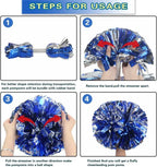 6 Pcs Metallic Cheerleading Pom Poms with Baton Handles for Sports Team Parties, Blue Silver
