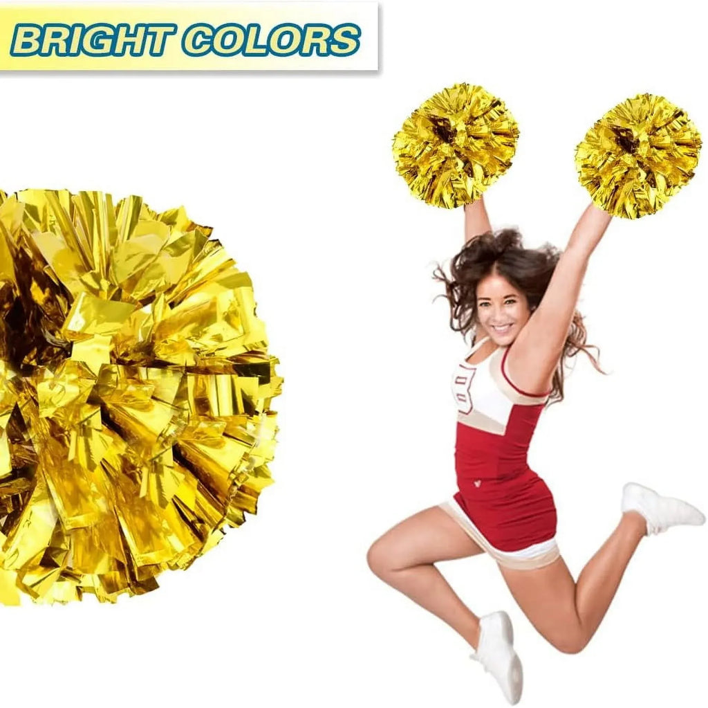 6 Pcs Metallic Cheerleading Pom Poms with Baton Handles for Sports Team Parties, Gold