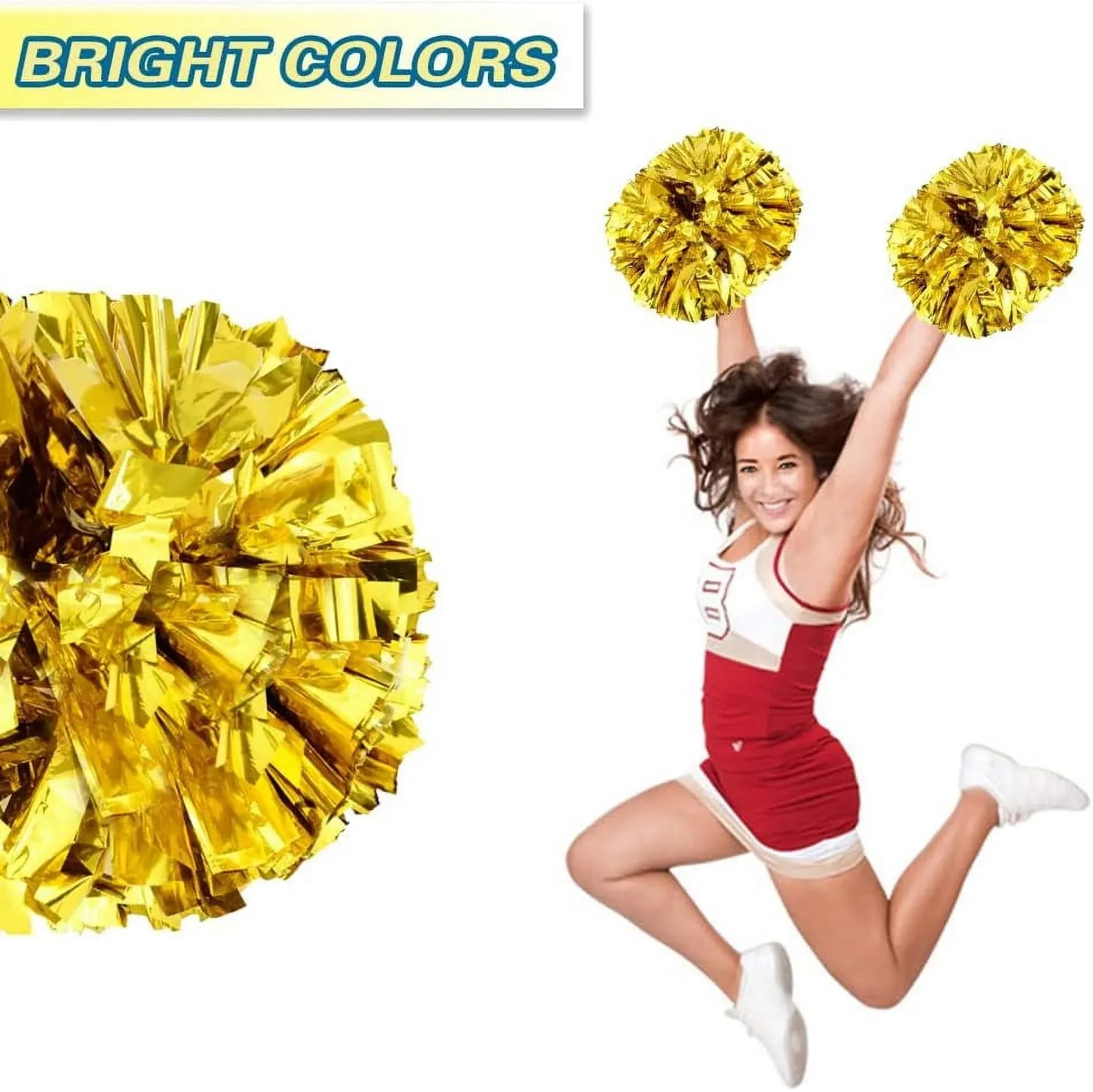 6 Pcs Metallic Cheerleading Pom Poms with Baton Handles for Sports Team Parties, Gold