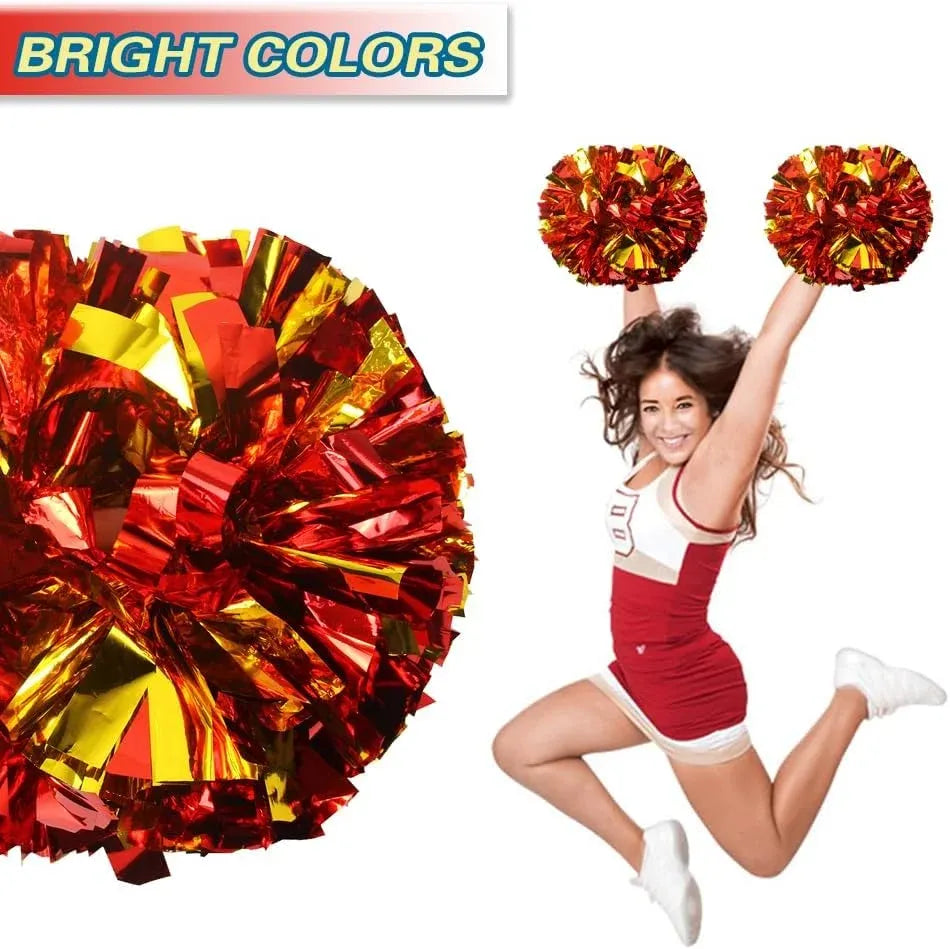 6 Pcs Metallic Cheerleading Pom Poms with Baton Handles for Sports Team Parties, Gold Red