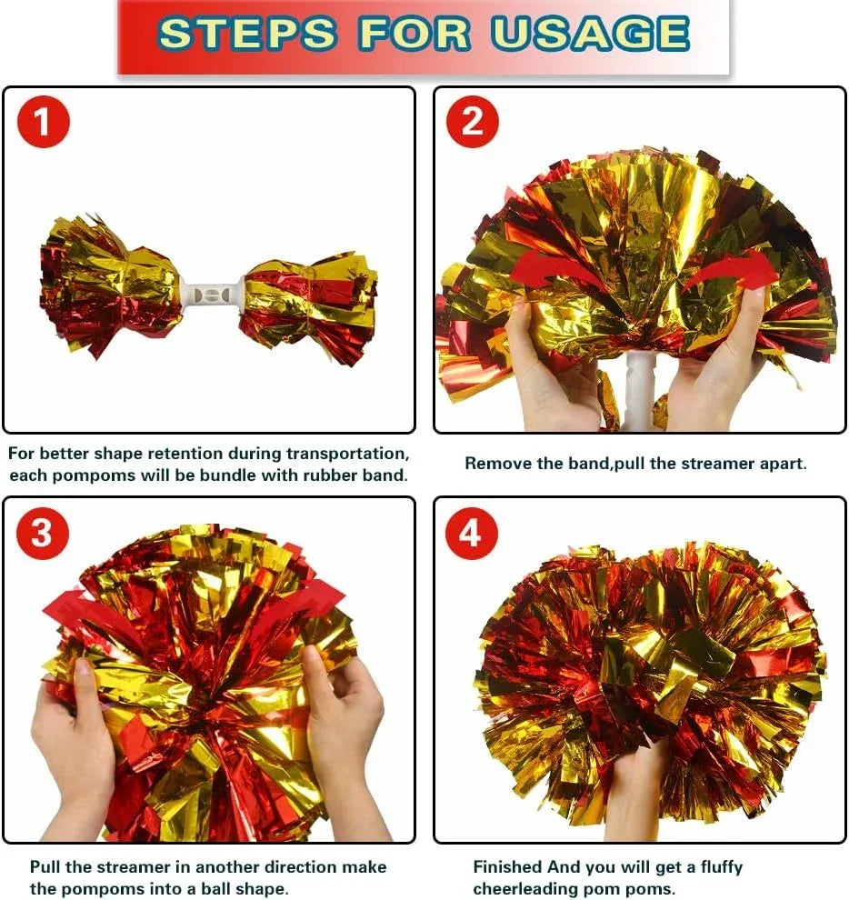 6 Pcs Metallic Cheerleading Pom Poms with Baton Handles for Sports Team Parties, Gold Red