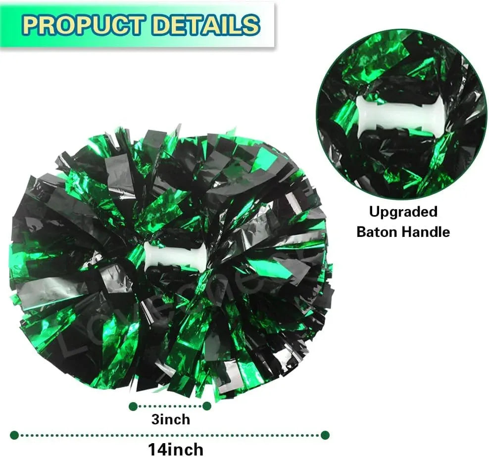 6 Pcs Metallic Cheerleading Pom Poms with Baton Handles for Sports Team Parties, Green Black