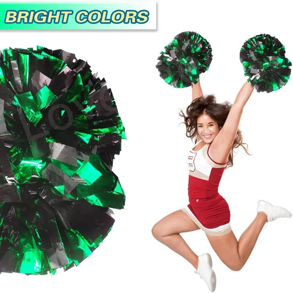 6 Pcs Metallic Cheerleading Pom Poms with Baton Handles for Sports Team Parties, Green Black