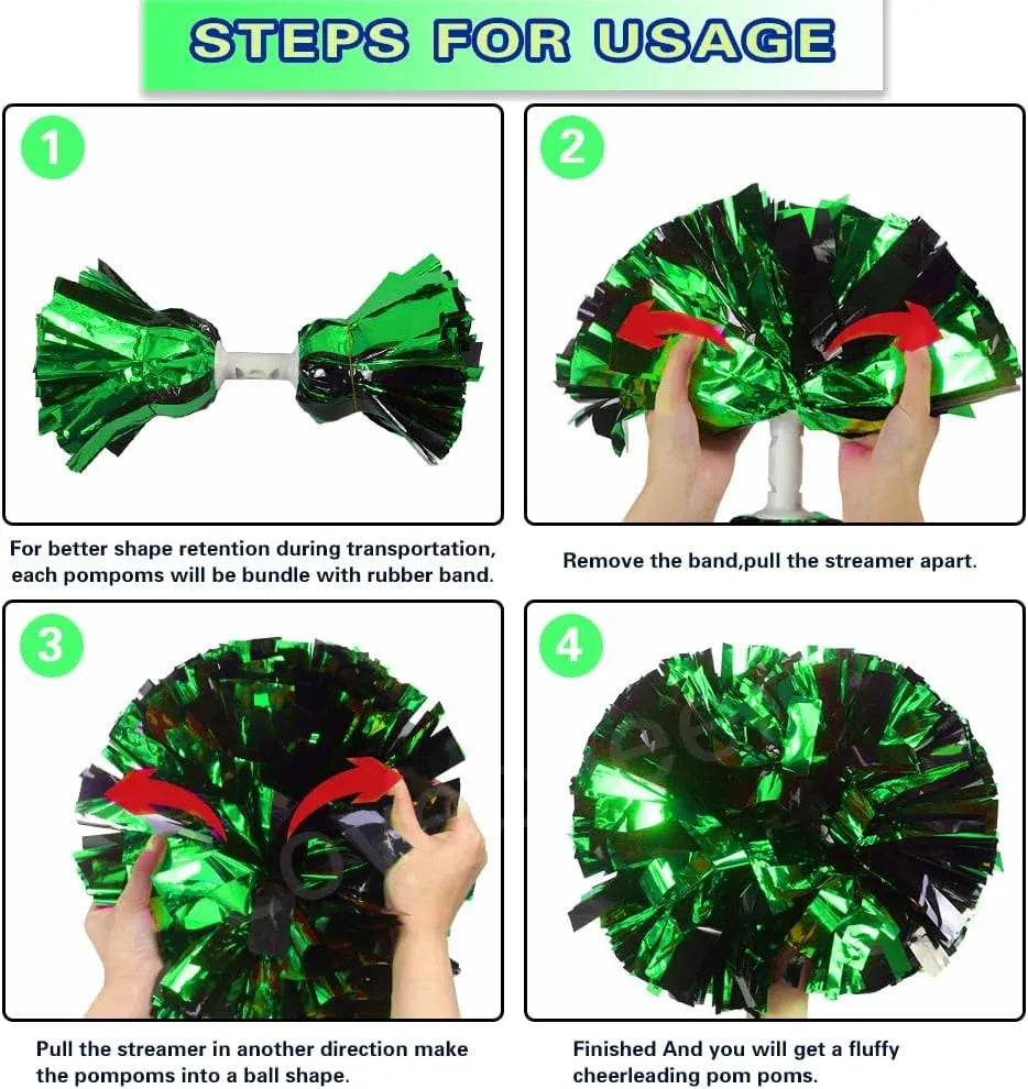 6 Pcs Metallic Cheerleading Pom Poms with Baton Handles for Sports Team Parties, Green Black