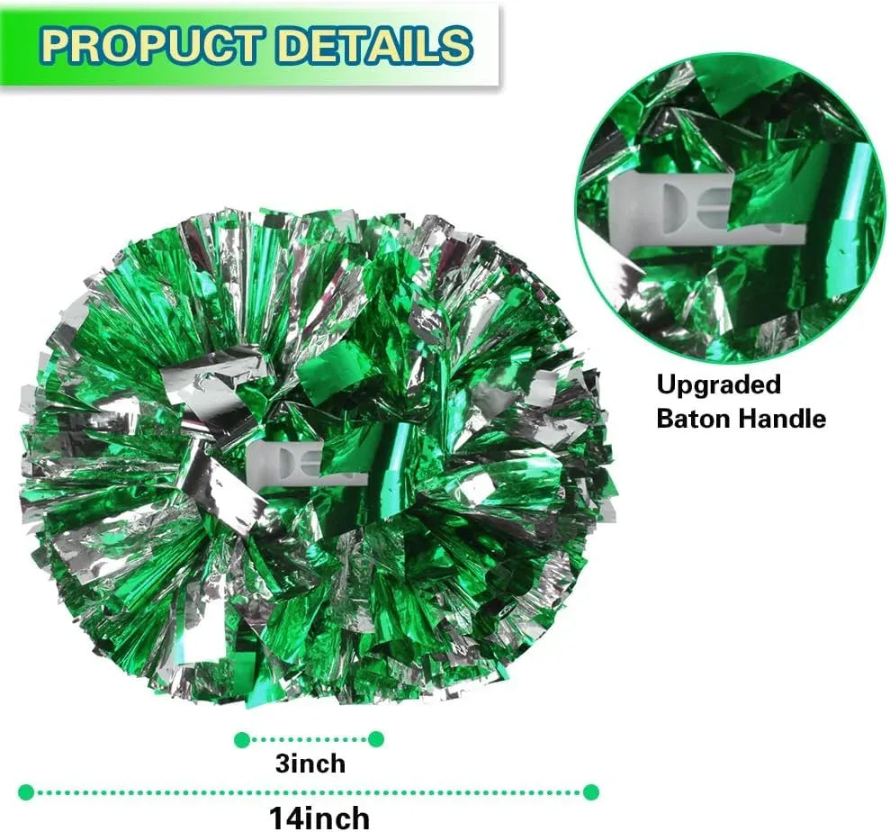 6 Pcs Metallic Cheerleading Pom Poms with Baton Handles for Sports Team Parties, Green Silver