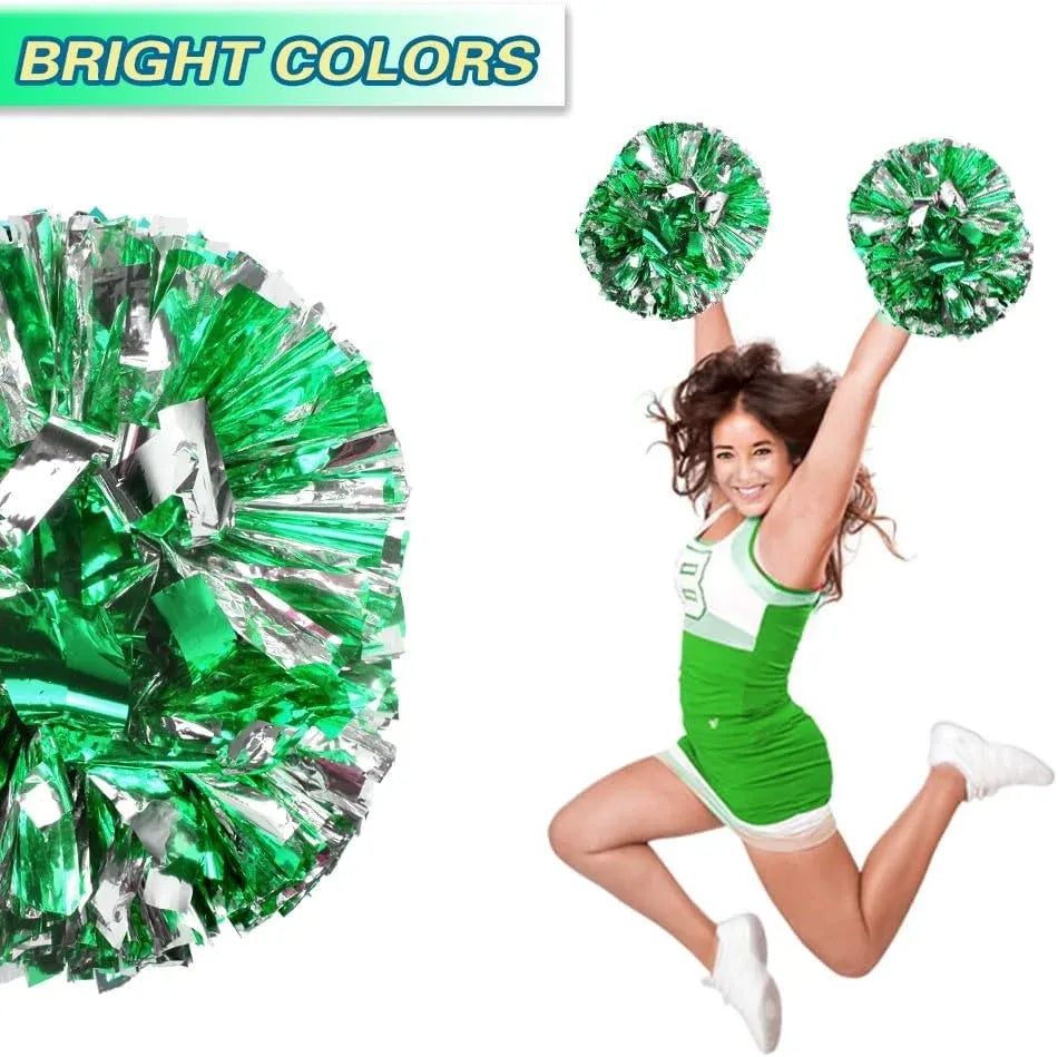6 Pcs Metallic Cheerleading Pom Poms with Baton Handles for Sports Team Parties, Green Silver