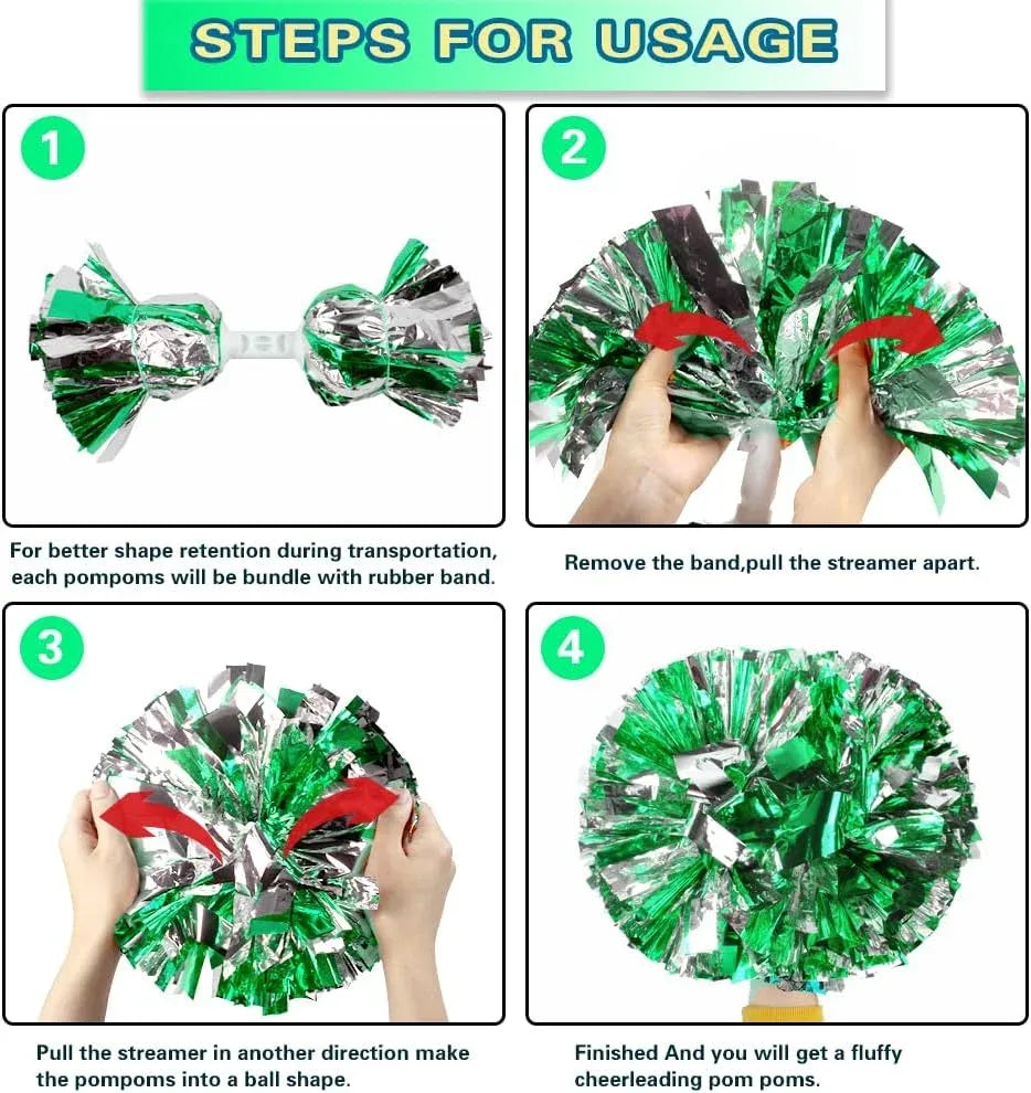 6 Pcs Metallic Cheerleading Pom Poms with Baton Handles for Sports Team Parties, Green Silver