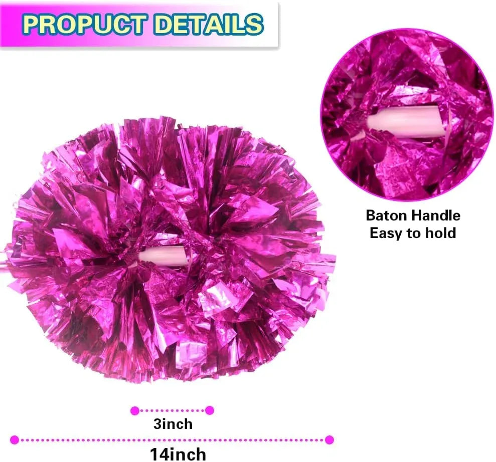 6 Pcs Metallic Cheerleading Pom Poms with Baton Handles for Sports Team Parties, Hot Pink