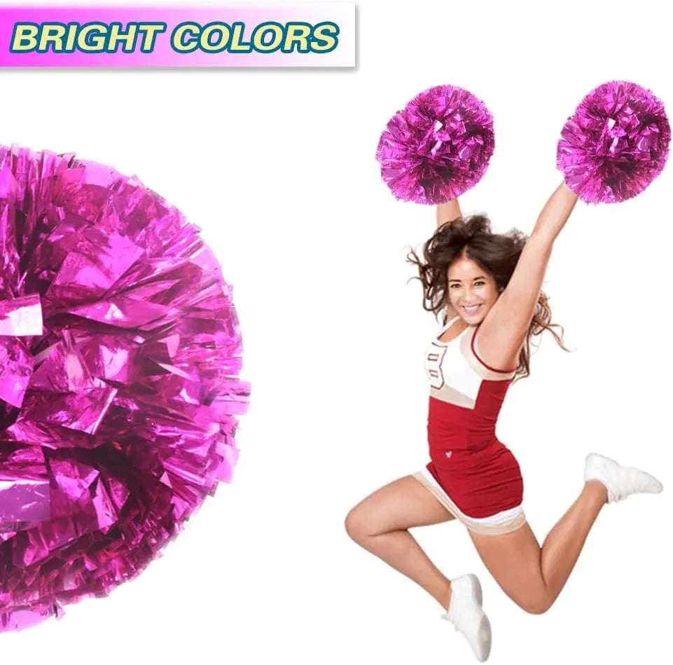 6 Pcs Metallic Cheerleading Pom Poms with Baton Handles for Sports Team Parties, Hot Pink