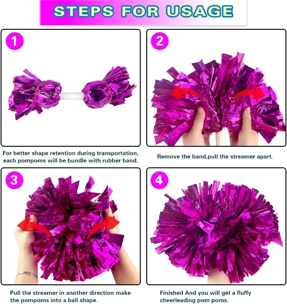 6 Pcs Metallic Cheerleading Pom Poms with Baton Handles for Sports Team Parties, Hot Pink