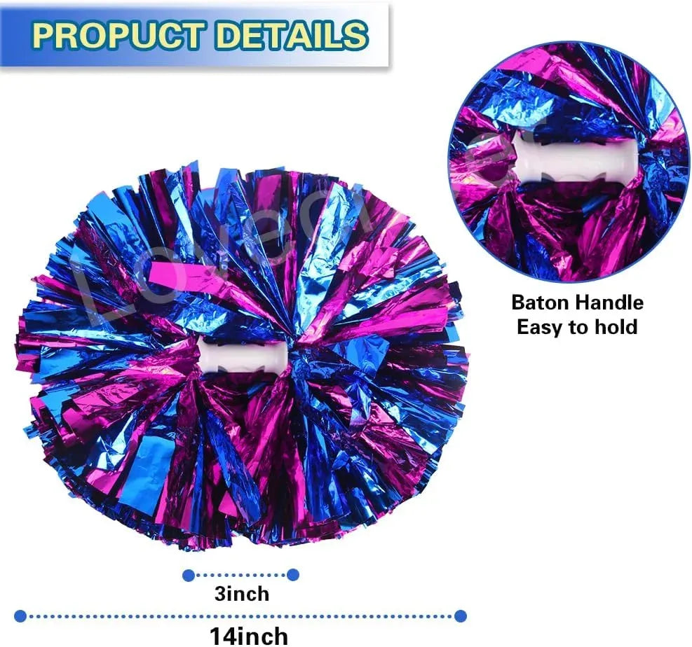 6 Pcs Metallic Cheerleading Pom Poms with Baton Handles for Sports Team Parties, Hot Pink Blue