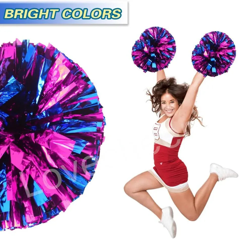 6 Pcs Metallic Cheerleading Pom Poms with Baton Handles for Sports Team Parties, Hot Pink Blue
