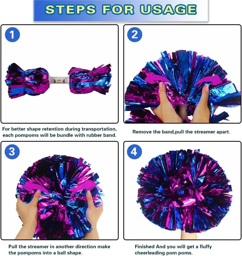 6 Pcs Metallic Cheerleading Pom Poms with Baton Handles for Sports Team Parties, Hot Pink Blue
