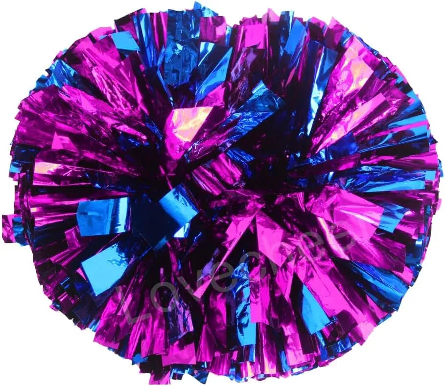 6 Pcs Metallic Cheerleading Pom Poms with Baton Handles for Sports Team Parties, Hot Pink Blue