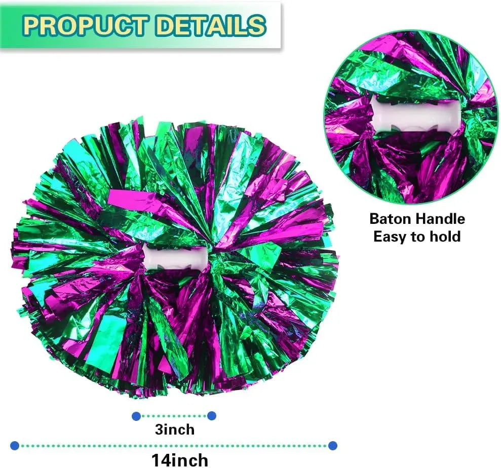 6 Pcs Metallic Cheerleading Pom Poms with Baton Handles for Sports Team Parties, Hot Pink Green