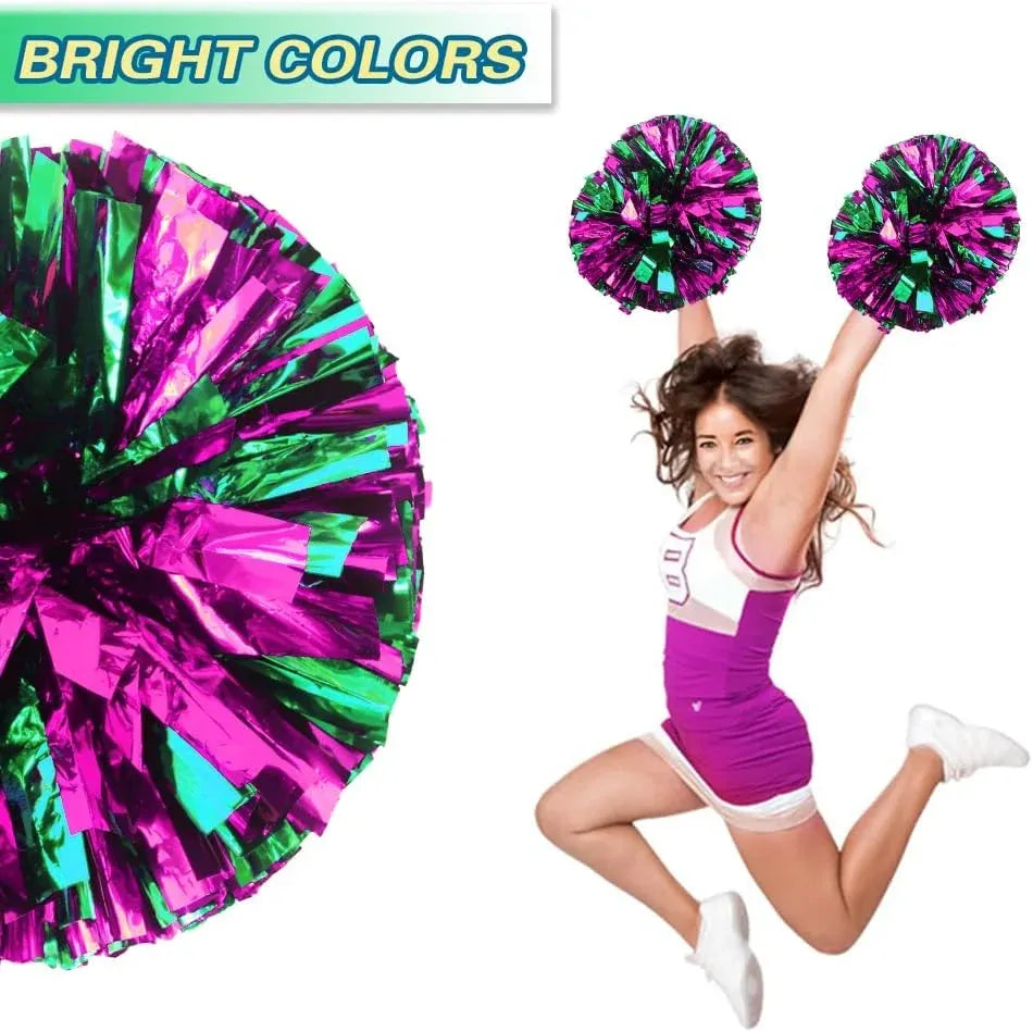 6 Pcs Metallic Cheerleading Pom Poms with Baton Handles for Sports Team Parties, Hot Pink Green