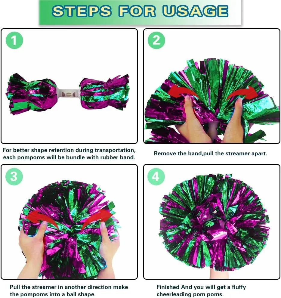6 Pcs Metallic Cheerleading Pom Poms with Baton Handles for Sports Team Parties, Hot Pink Green