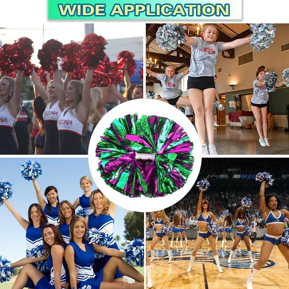 6 Pcs Metallic Cheerleading Pom Poms with Baton Handles for Sports Team Parties, Hot Pink Green