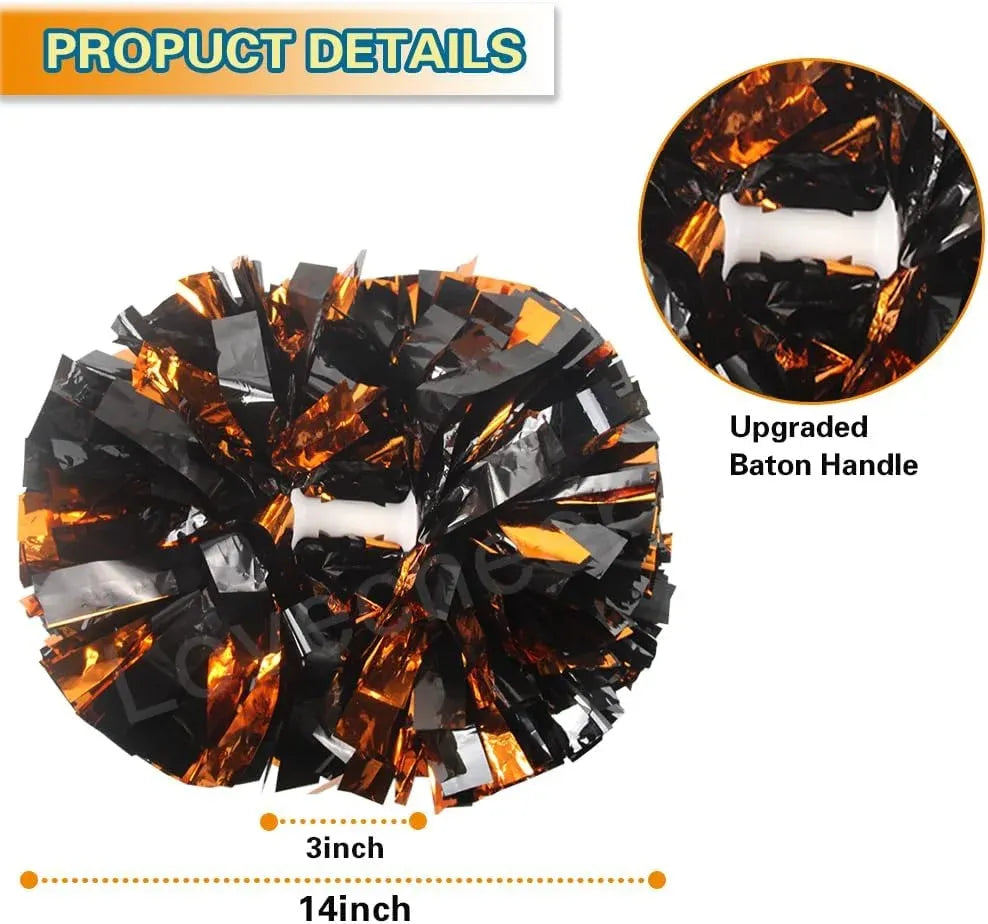 6 Pcs Metallic Cheerleading Pom Poms with Baton Handles for Sports Team Parties, Orange Black