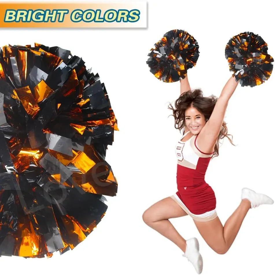 6 Pcs Metallic Cheerleading Pom Poms with Baton Handles for Sports Team Parties, Orange Black