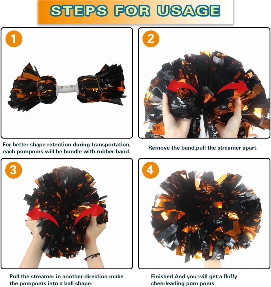 6 Pcs Metallic Cheerleading Pom Poms with Baton Handles for Sports Team Parties, Orange Black