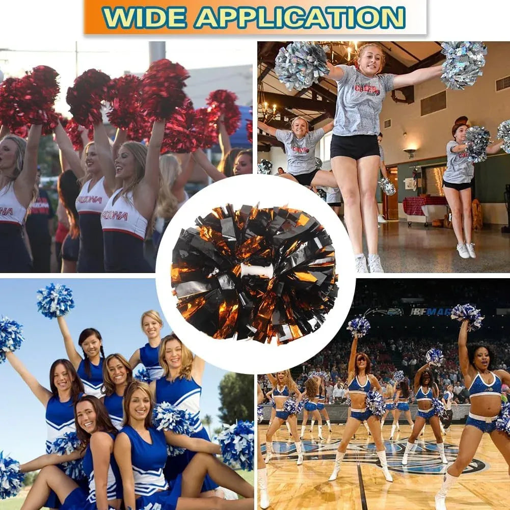 6 Pcs Metallic Cheerleading Pom Poms with Baton Handles for Sports Team Parties, Orange Black
