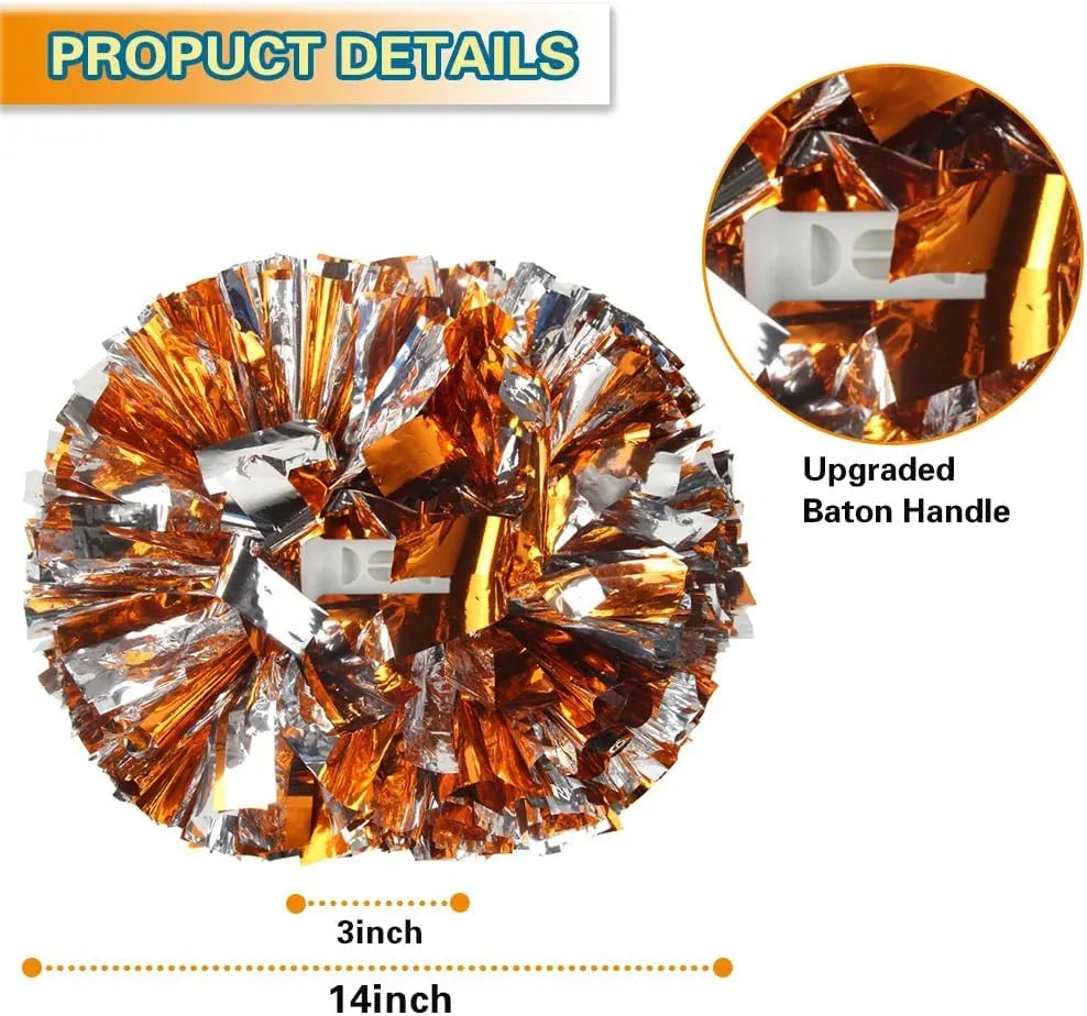 6 Pcs Metallic Cheerleading Pom Poms with Baton Handles for Sports Team Parties, Orange Silver