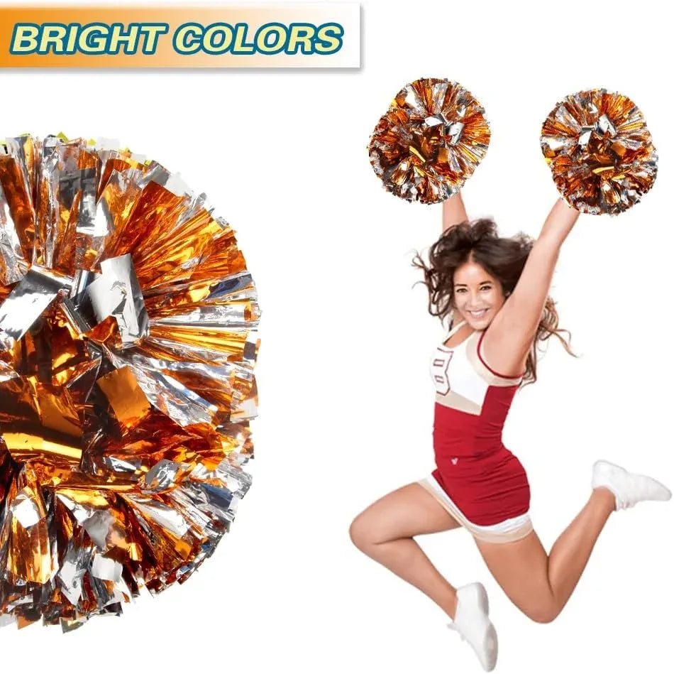 6 Pcs Metallic Cheerleading Pom Poms with Baton Handles for Sports Team Parties, Orange Silver