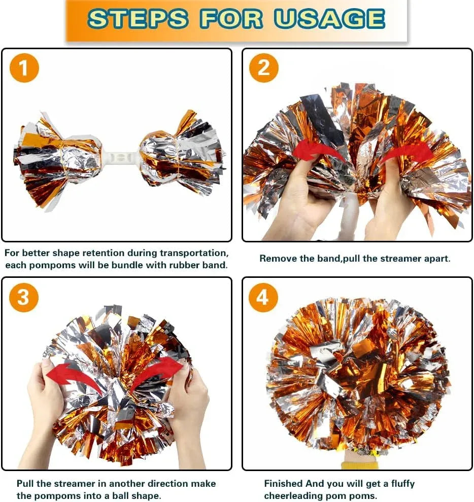 6 Pcs Metallic Cheerleading Pom Poms with Baton Handles for Sports Team Parties, Orange Silver