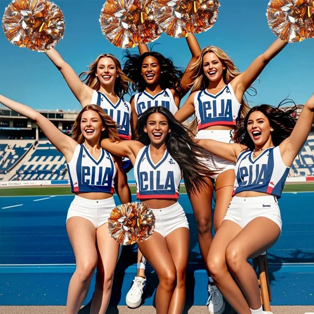 6 Pcs Metallic Cheerleading Pom Poms with Baton Handles for Sports Team Parties, Orange Silver