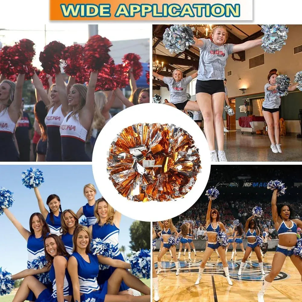 6 Pcs Metallic Cheerleading Pom Poms with Baton Handles for Sports Team Parties, Orange Silver