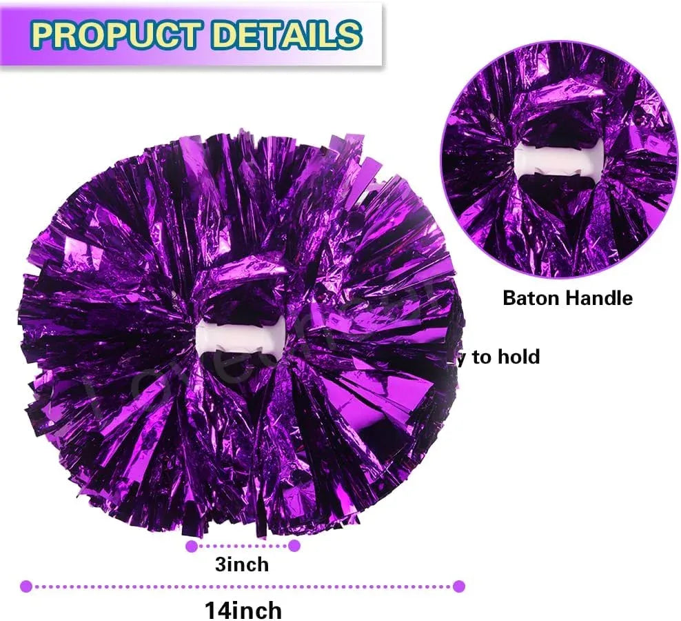 6 Pcs Metallic Cheerleading Pom Poms with Baton Handles for Sports Team Parties, Purple