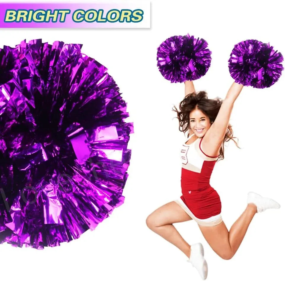 6 Pcs Metallic Cheerleading Pom Poms with Baton Handles for Sports Team Parties, Purple