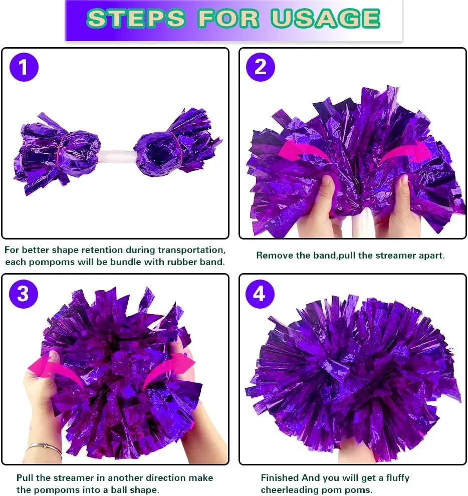 6 Pcs Metallic Cheerleading Pom Poms with Baton Handles for Sports Team Parties, Purple