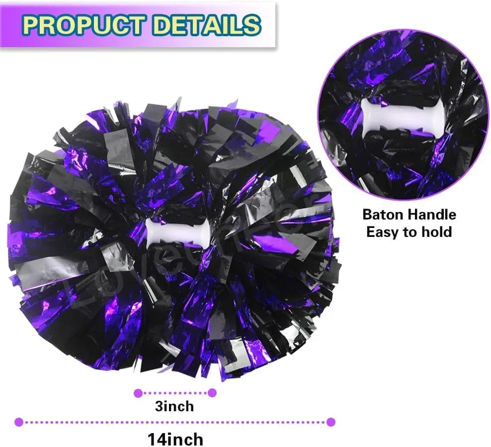 6 Pcs Metallic Cheerleading Pom Poms with Baton Handles for Sports Team Parties, Purple Black