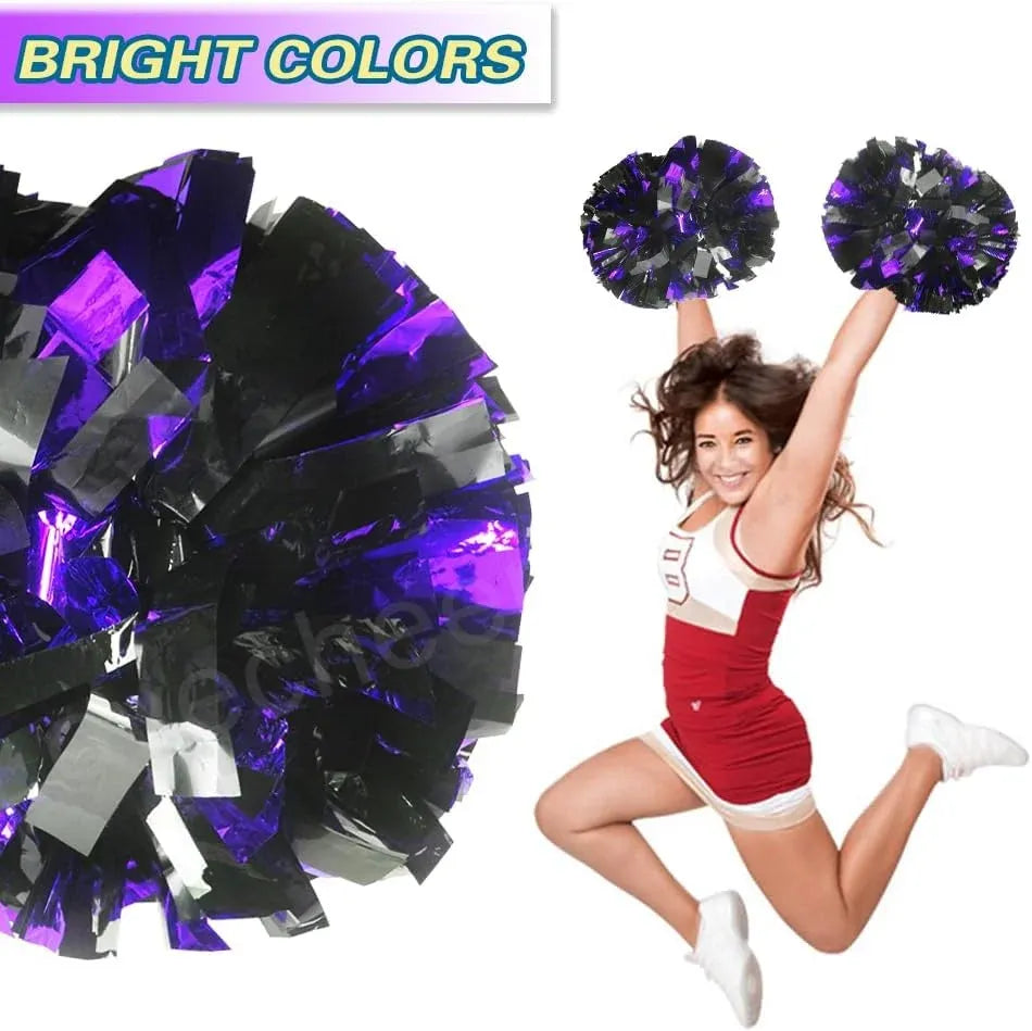 6 Pcs Metallic Cheerleading Pom Poms with Baton Handles for Sports Team Parties, Purple Black