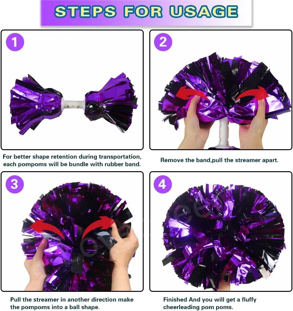 6 Pcs Metallic Cheerleading Pom Poms with Baton Handles for Sports Team Parties, Purple Black