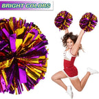 6 Pcs Metallic Cheerleading Pom Poms with Baton Handles for Sports Team Parties, Purple Gold