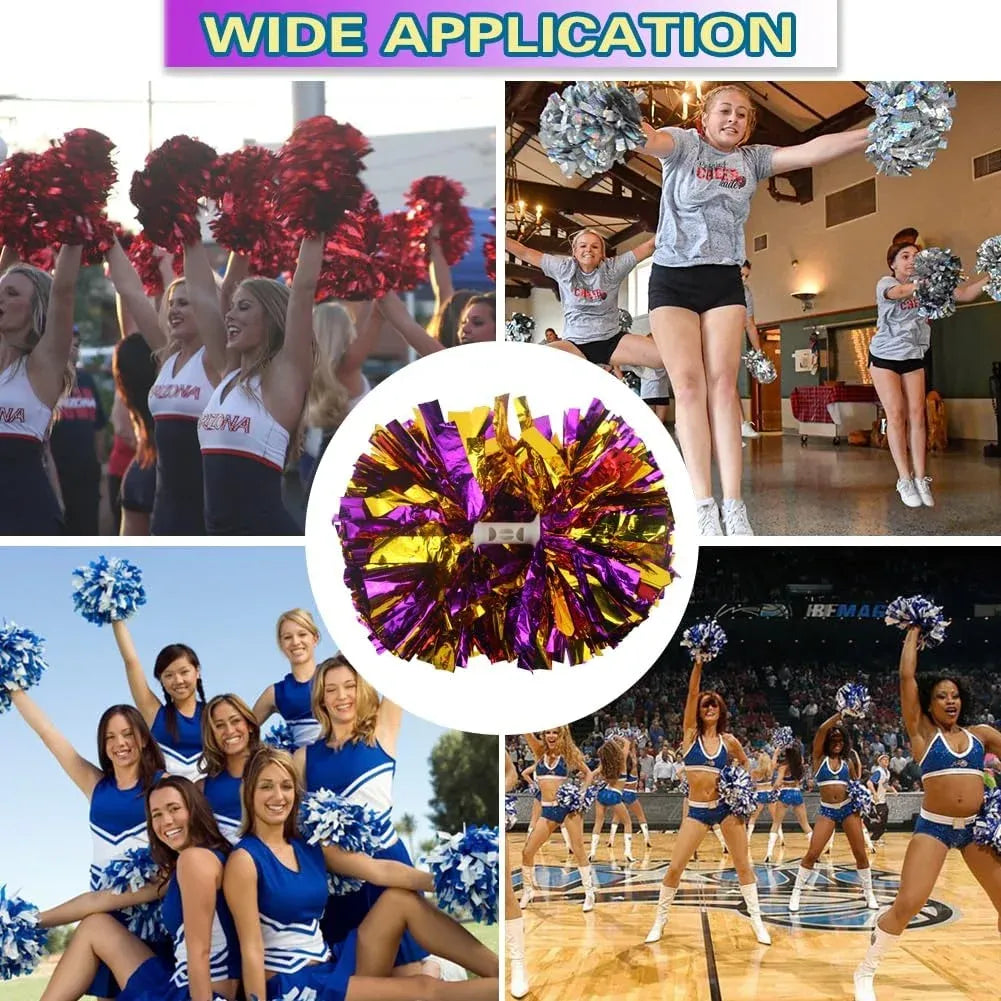 6 Pcs Metallic Cheerleading Pom Poms with Baton Handles for Sports Team Parties, Purple Gold