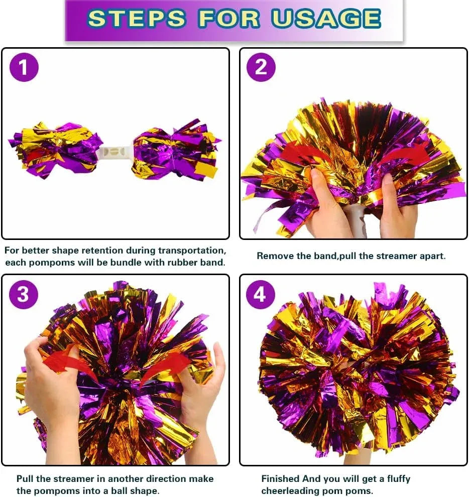6 Pcs Metallic Cheerleading Pom Poms with Baton Handles for Sports Team Parties, Purple Gold