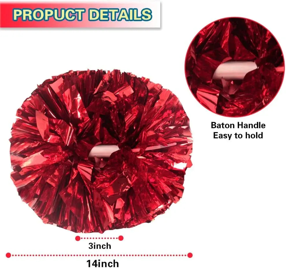 6 Pcs Metallic Cheerleading Pom Poms with Baton Handles for Sports Team Parties, Red