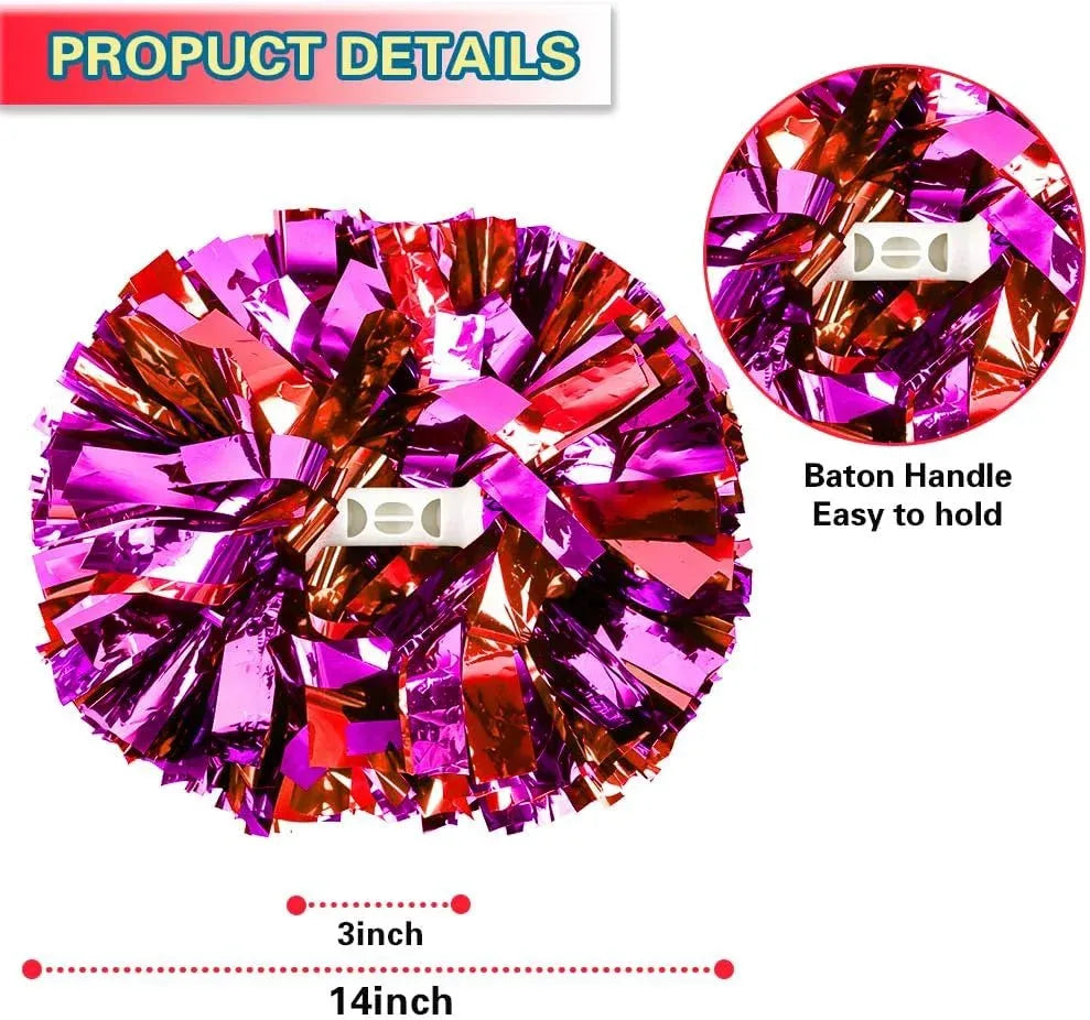 6 Pcs Metallic Cheerleading Pom Poms with Baton Handles for Sports Team Parties, Red Pink